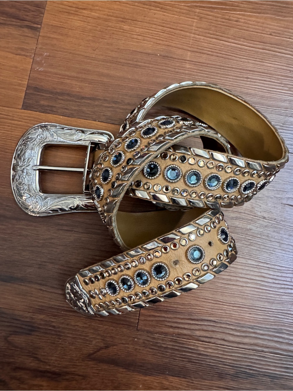 Vintage Kippyβs Crystal Rhinestone Western Leather Belt Tan Size 34